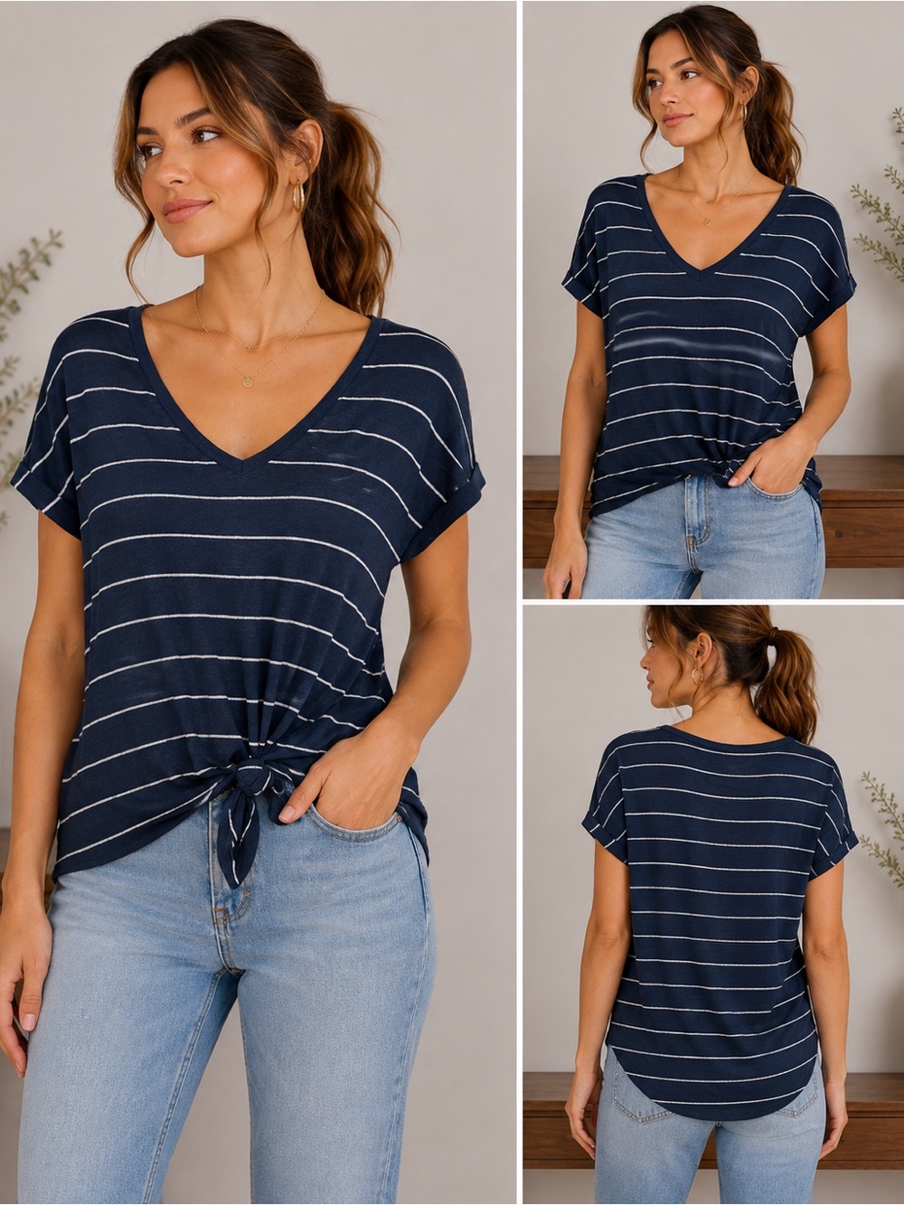 ALYA Navy Blue & White Striped V-Neck Top – Size Medium 💙